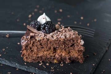 A piece of chocolate cake on a dark background