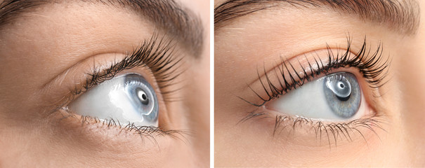 Beautiful young woman before and after eyelashes lamination, closeup