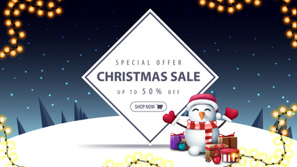 Fototapeta na wymiar Special offer, Christmas sale, up to 50% off, discount banner with snowman in Santa Claus hat with gifts and winter landscape on background with starry sky, pines and snow