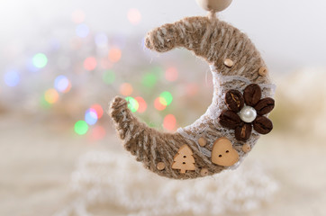 Beautiful fireworks and glitter with snowflake in New Year eve and Christmas, copy space. Abstract background holiday.