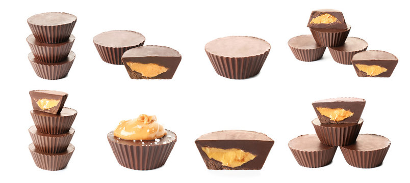 Set of chocolate peanut butter cups on white background
