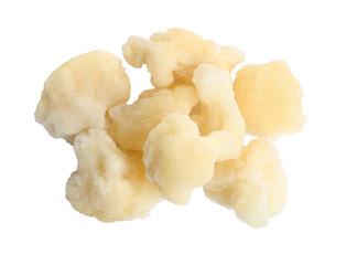 Frozen cauliflower florets isolated on white, top view. Vegetable preservation