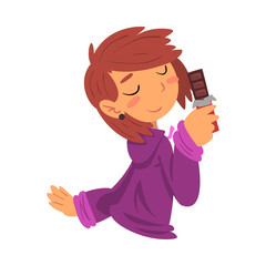 Funny Girl Holding Chocolate Bar, Sweet Tooth Girl Cartoon Character Loves Sweets Vector Illustration