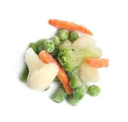 Pile of frozen vegetables isolated on white, top view