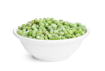 Frozen peas in bowl isolated on white. Vegetable preservation
