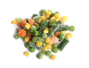 Pile of frozen vegetables isolated on white, top view
