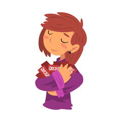 Girl Hugging Chocolate Bars, Sweet Tooth Girl Cartoon Character Loves Sweets Vector Illustration