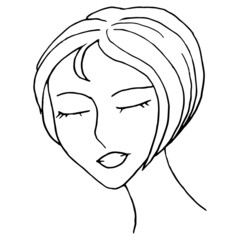 Beautiful woman face, black outline isolated on white background, hand drawing vector illustration.