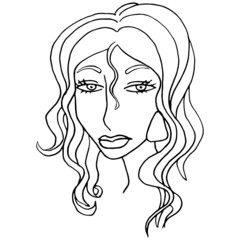 Beautiful woman face, black outline isolated on white background, hand drawing vector illustration.