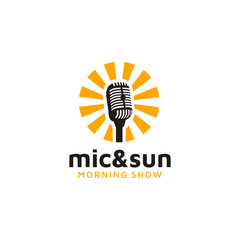 Mic Microphone with Morning Sun Sunrise Rays Entertainment Live Show Logo design vector