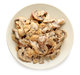 Plate with tasty cooked mushrooms on white background