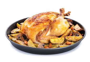 Dish with baked chicken and potato on white background