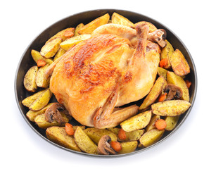 Dish with baked chicken and potato on white background
