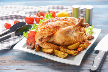 Plate with baked chicken and potato on table