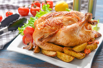 Plate with baked chicken and potato on table
