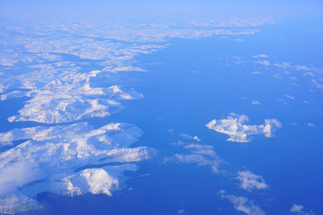 Aerial view of the Labrador Newfoundland area near Nutak and Nain, Canada, covered with ice and snow in winter