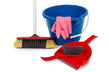 bucket, broom, dustpan isolated on white background © Philipimage