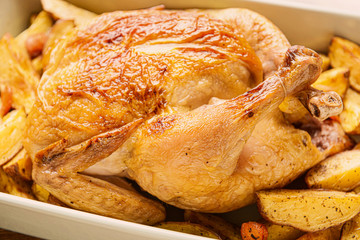 Dish with baked chicken and potato, closeup