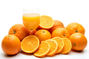 Juice glass and orange fruit isolated on white background