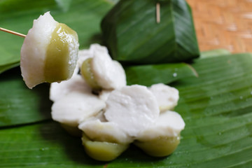 Kanom Tuay - Thai Dessert Coconut Milk Custard on Banana Leaf.