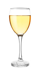 Glass of tasty wine on white background