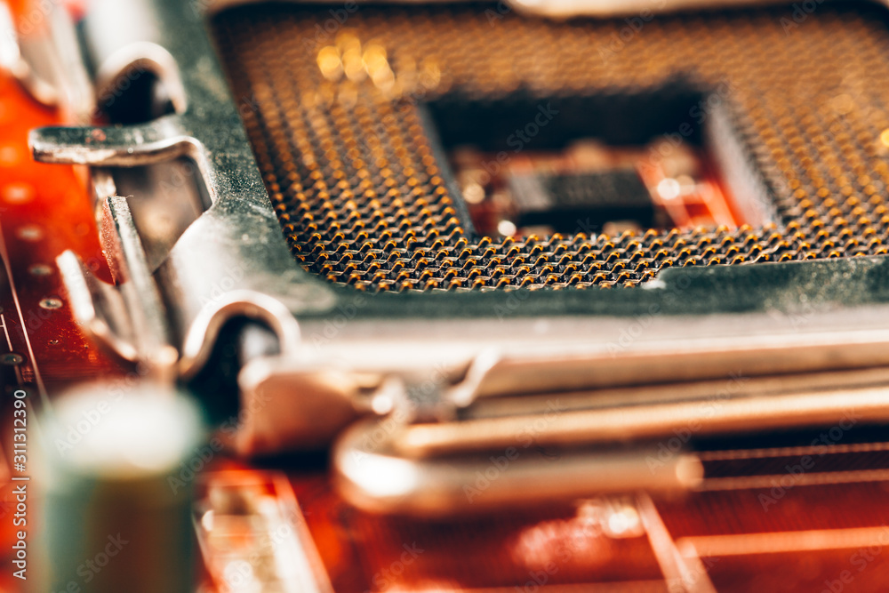 Poster computer electronic circuit board with processor close up