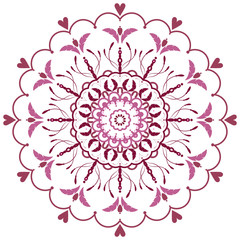 Vector hand drawn mandala with hearts and feathers. Ethnic mandala with colorful ornament. Isolated. Pink colors.