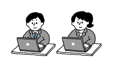 パソコン操作するスーツ男性女性（シンプル）