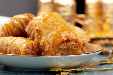 Close up photo of Delicious Turkish Baklava served on a plate