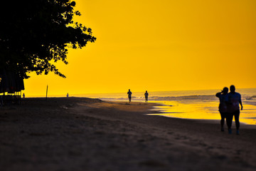 silhouette of man walking on beach at sunset