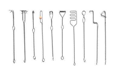 Set of logopedic probes on white background, top view. Speech therapist's tools