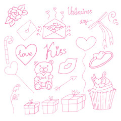 Hand drawn doodle cute valentine day elements: gifts, toy, cupcake, hearts, roses. Vector illustration. Pink outlines on white background. Elements for seasonal design, greeting cards, invitations etc