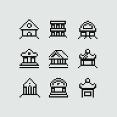 Fototapeta na wymiar 1bit building icons set, logo, pixel art set, Ancient architecture, temple with columns, antique Column, arch isolated vector illustration. Design for app, sticker and web.