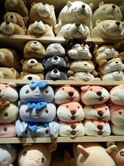 Many cute animal dolls on orderly shelves background