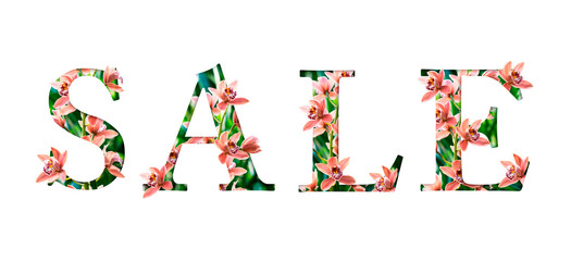 Sale. Text from orchids. Cut paper with real tropical flowers in the form of a font, for a seasonal promotion