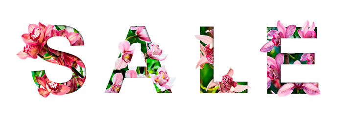 Sale. Text from orchids. Cut paper with real tropical flowers in the form of a font, for a seasonal promotion