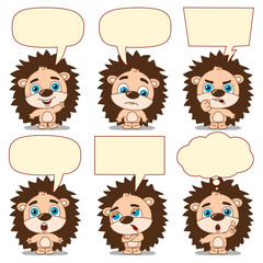 Collection of little hedgehog in different poses with speech bubbles isolated on white background - 311314969