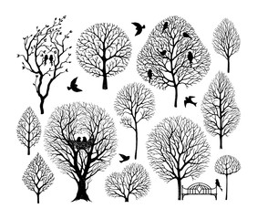 Set of vector silhouettes of trees and birds, hand-drawn illustration.