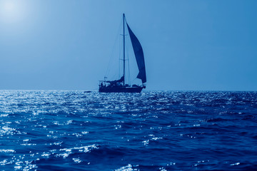 photo of silhouette of sailing yacht in the open sea in the contra light toned in trendy Classic...