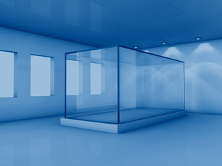 3D rendering of glass showcase in room with windows toned in trendy Classic Blue color of the Year 2020