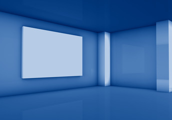 3D rendering of gallery with light plate toned in trendy Classic Blue color of the Year 2020