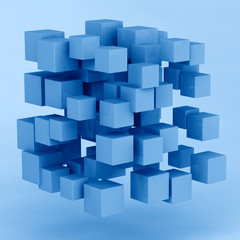 3D rendering abstract random shape from cubes toned in trendy Classic Blue color of the Year 2020