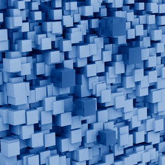 3D rendering abstract image with unique cubes toned in trendy Classic Blue color of the Year 2020