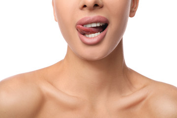 Obraz premium Woman with pink lipstick on white background, closeup