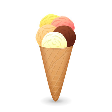 Ice cream cone. Sweet food. Waffle.  Vanilla, chocolate, milk, strawberry ice cream in a waffle cone.