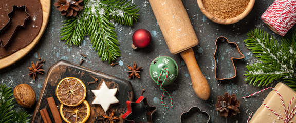 Christmas baking background, top view