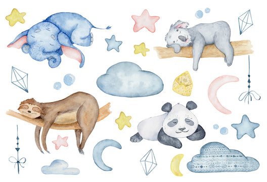 Watercolor animals character collection. Panda, giraffe, koala, elephant © EvgeniiasArt