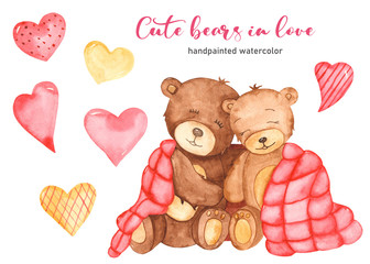 Watercolor clipart with cute bears under the blanket in love