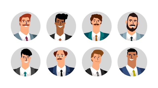 Business men avatars. Smiling male faces. Vector round banners with different nationality guys