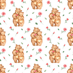 Watercolor seamless pattern with bears in love with flowers on a white background